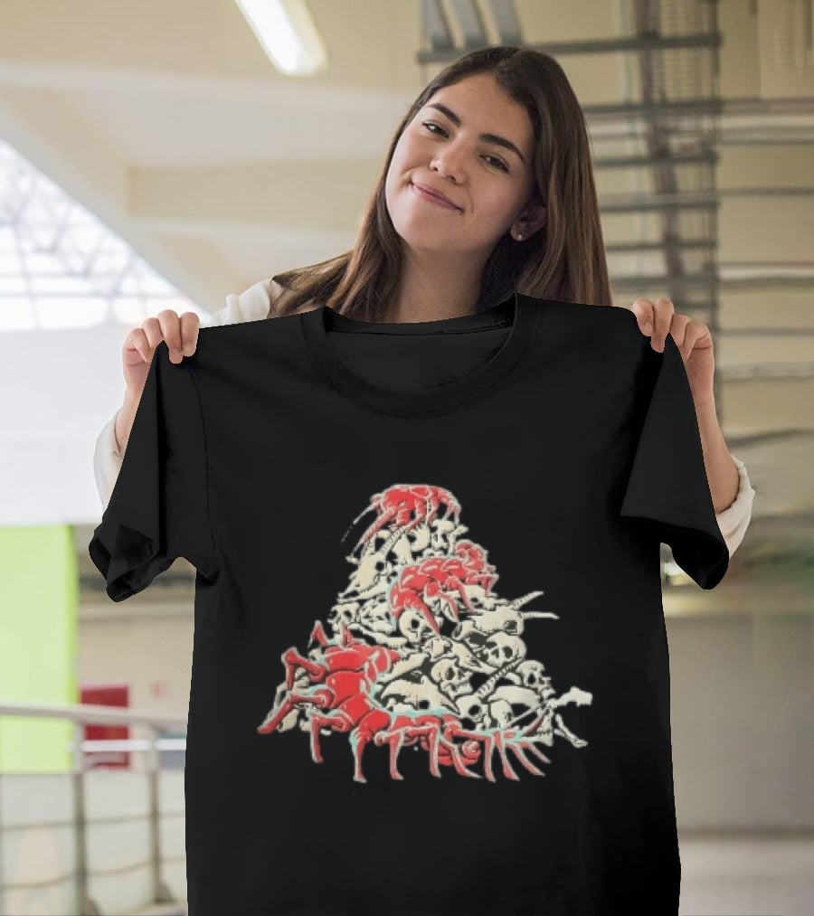 Giant Red Centipede Cyan Crawling Pile Of Skulls T-Shirt