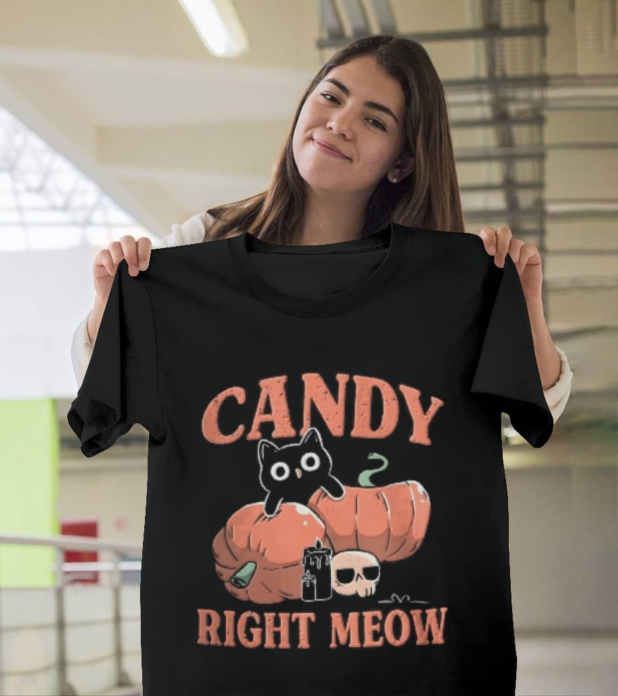Candy Right Meow Black Cat Pumpkins Candles Skull Halloween T-Shirt