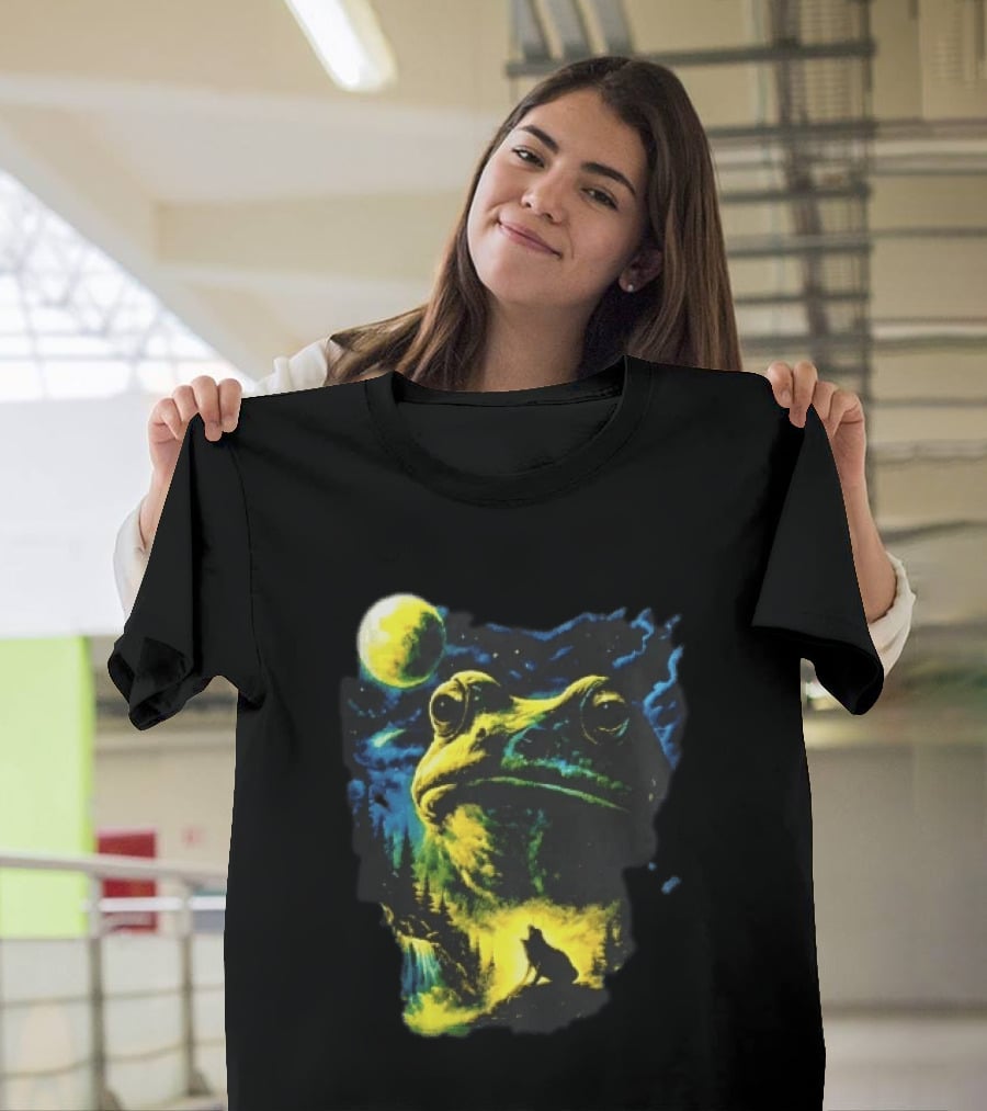 Giant Toad Glowing Moon Howling Waterfall Forest Mystic Scene T-Shirt