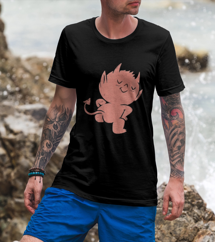 Mischievous Little Red Devil Cartoon Mooning With Distressed Texture T-Shirt