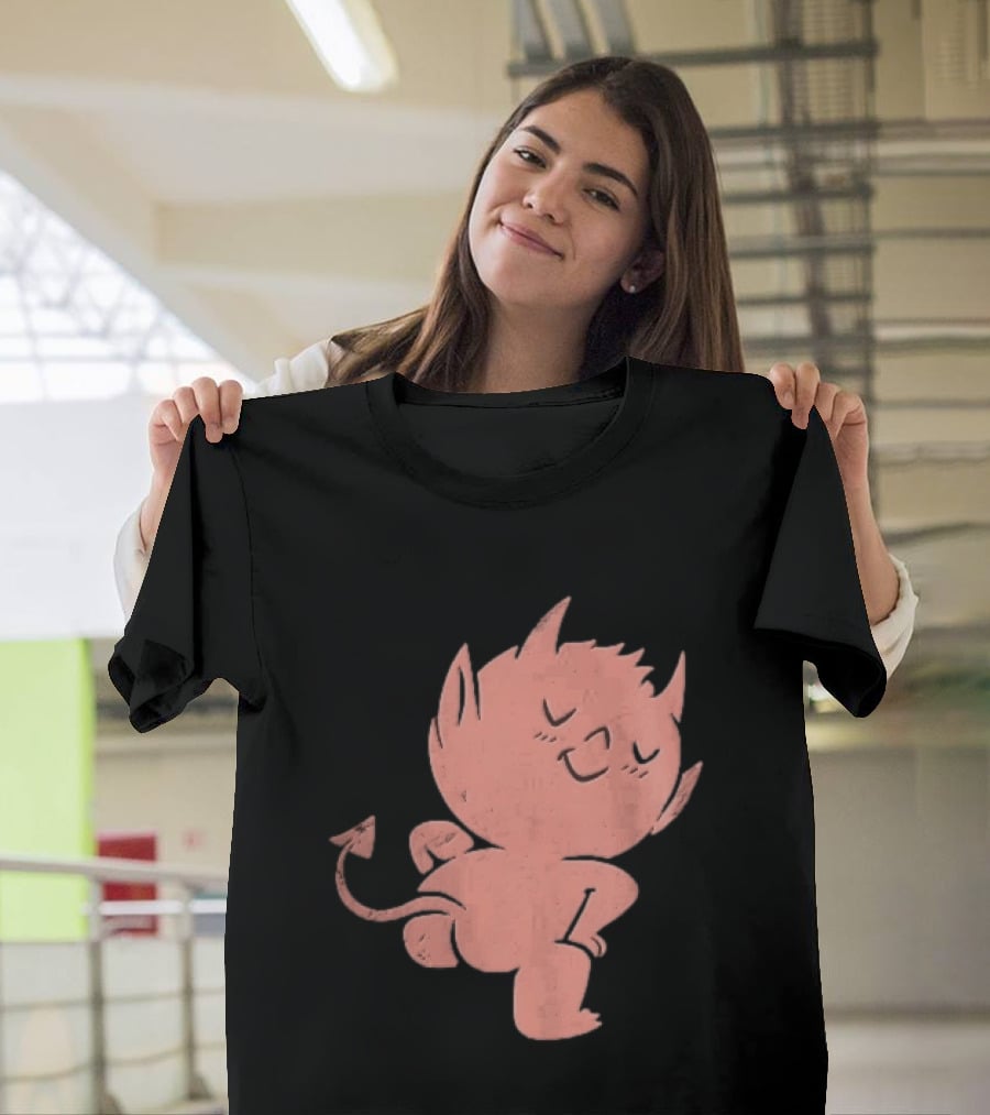Mischievous Little Red Devil Cartoon Mooning With Distressed Texture T-Shirt