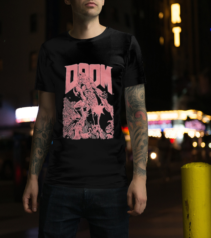 Doom Space Marine Battling Hell Demons Pink Sketch T-Shirt