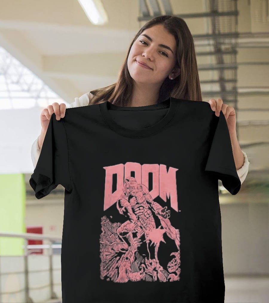 Doom Space Marine Battling Hell Demons Pink Sketch T-Shirt