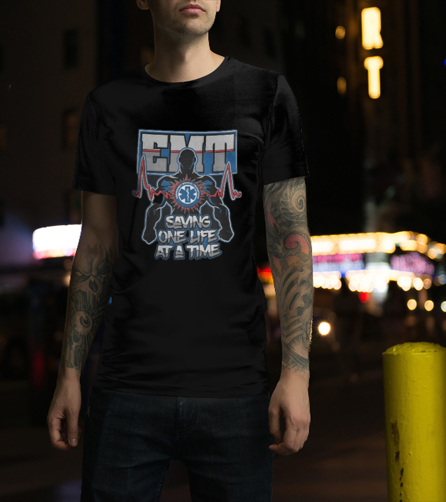 EMT Emergency Medical Technician Saving One Life At A Time With Muscular Silhouette And EKG Pulse T-Shirt