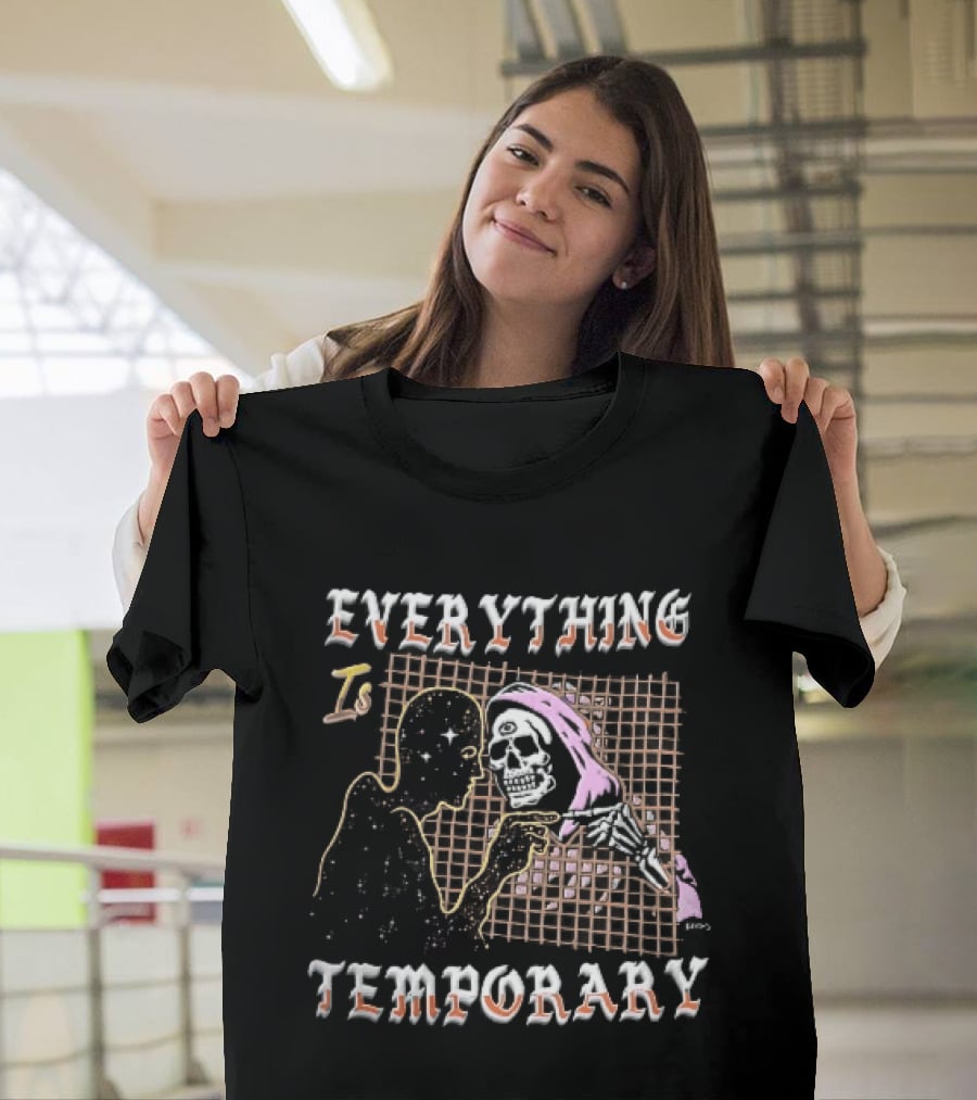 Everything Is Temporary Cosmic Skeleton Touching Fingers Grid T-Shirt