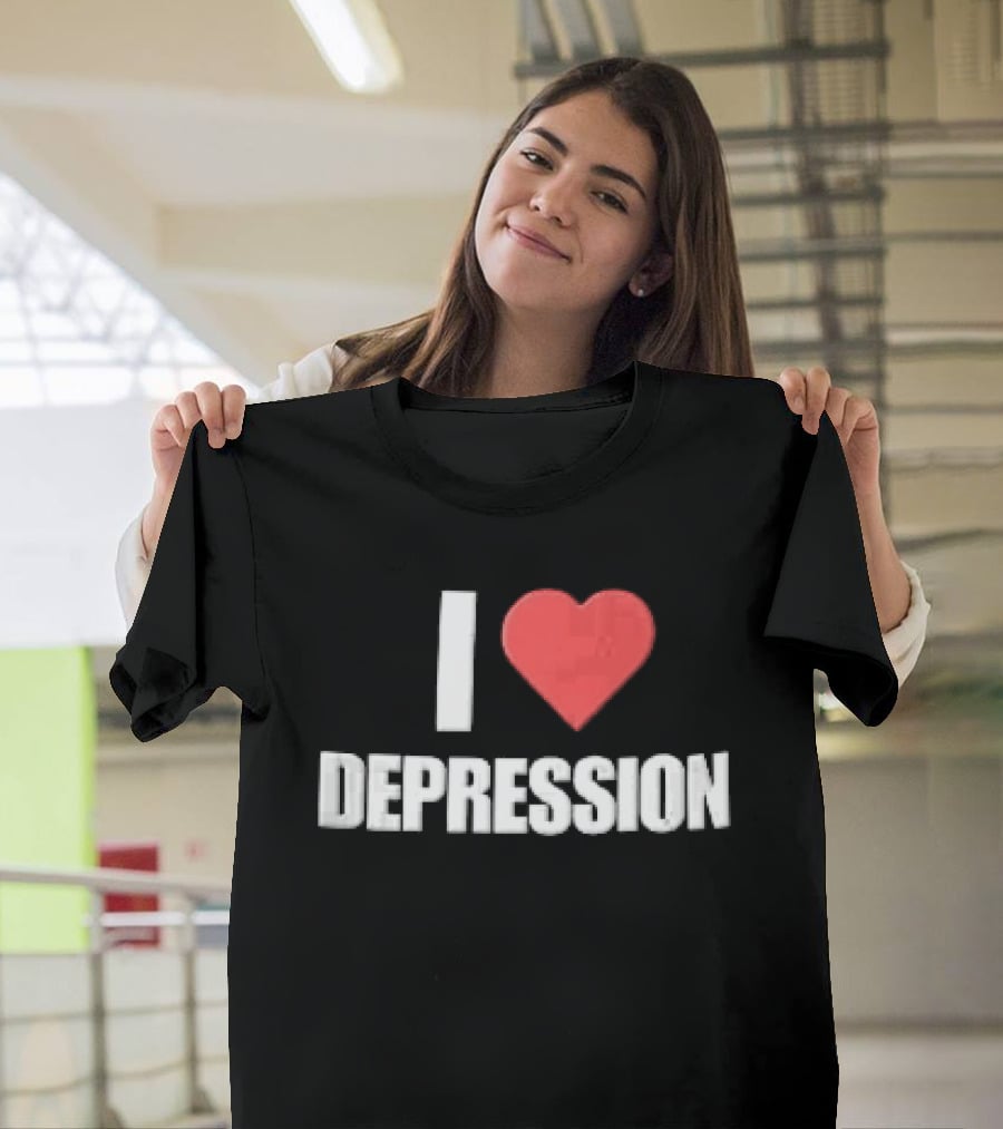 I Heart Depression White Text Red Heart Shape T-Shirt