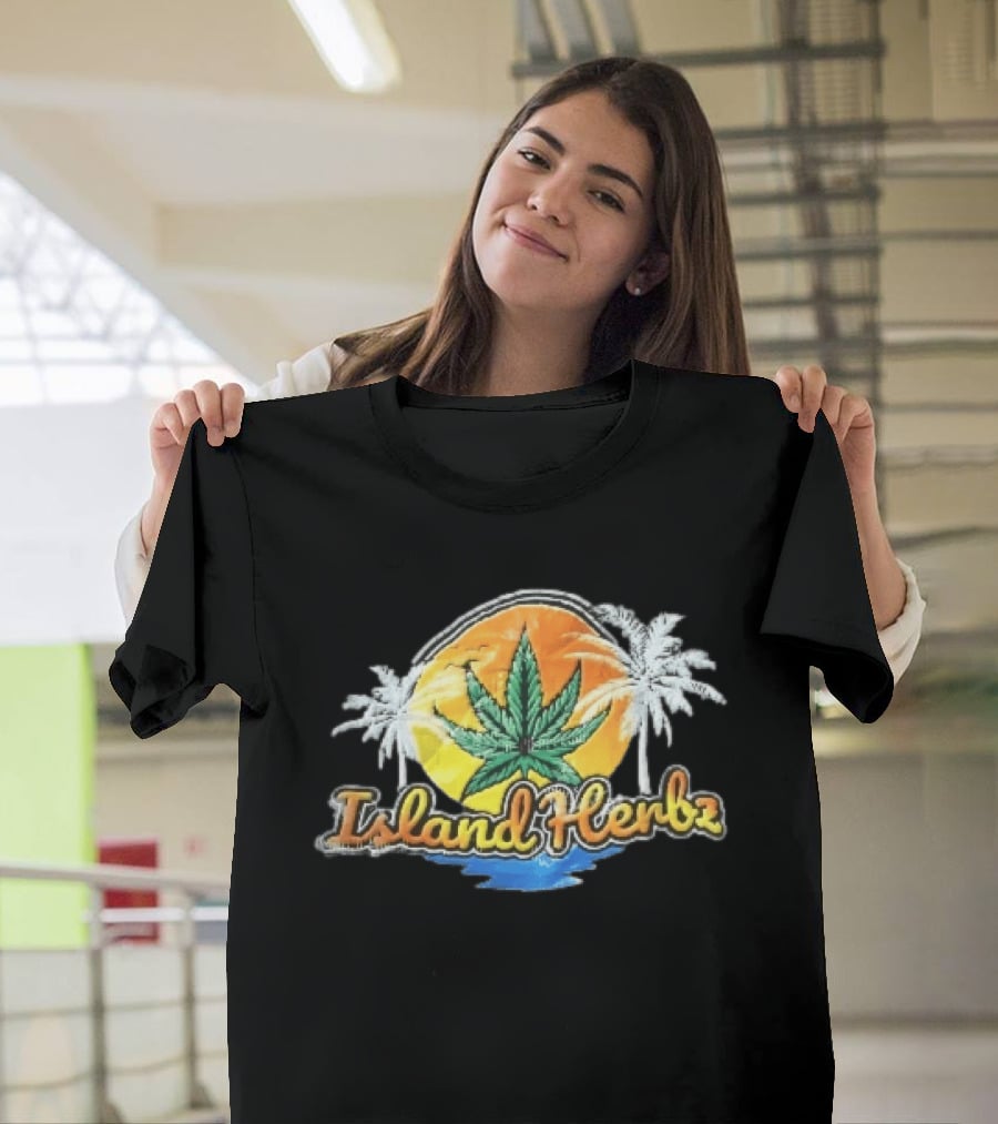 Island Herbz Cannabis Leaf Orange Sunset White Palm Trees T-Shirt