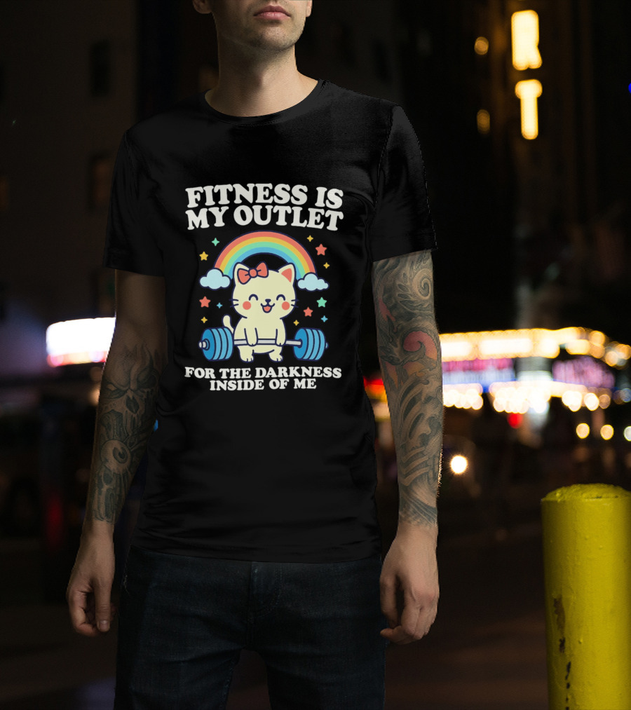 Fitness Is My Outlet For The Darkness Inside Of Me Cute Cat Weightlifting Rainbow T-Shirt