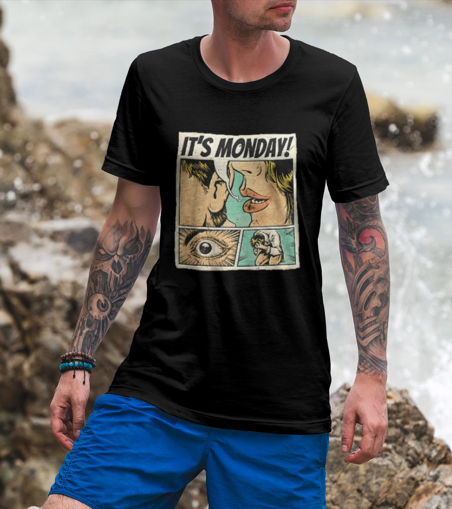 Its Monday Comic Strip Pop Art Woman Whispering Man Crying Vintage Halftone T-Shirt