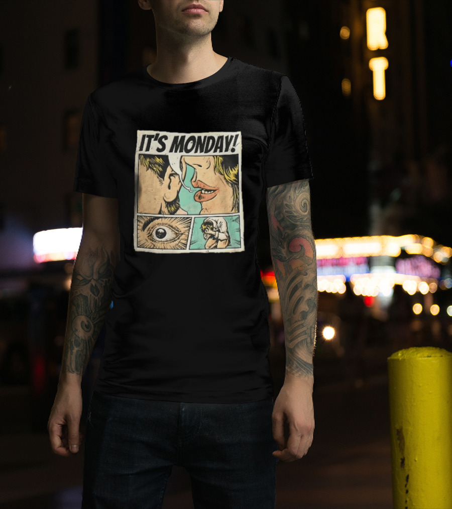 Its Monday Comic Strip Pop Art Woman Whispering Man Crying Vintage Halftone T-Shirt