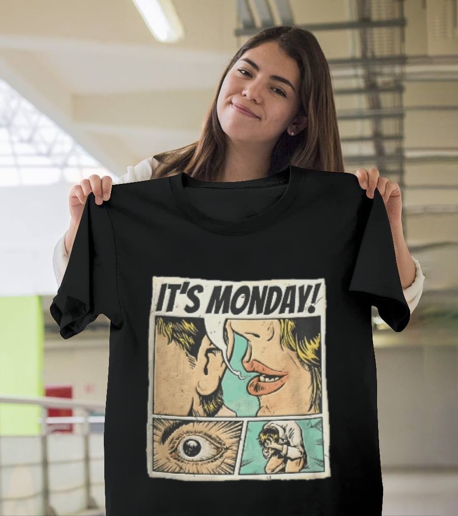 Its Monday Comic Strip Pop Art Woman Whispering Man Crying Vintage Halftone T-Shirt