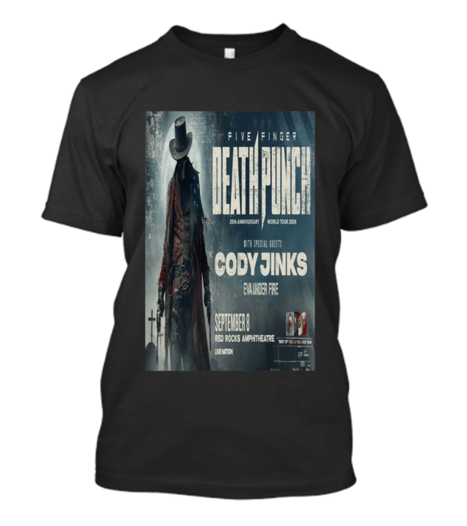 Five Finger Death Punch 20th Anniversary World Tour 2026 Red Rocks Amphitheatre September 8 Cody Jinks Eva Under Fire T-Shirt