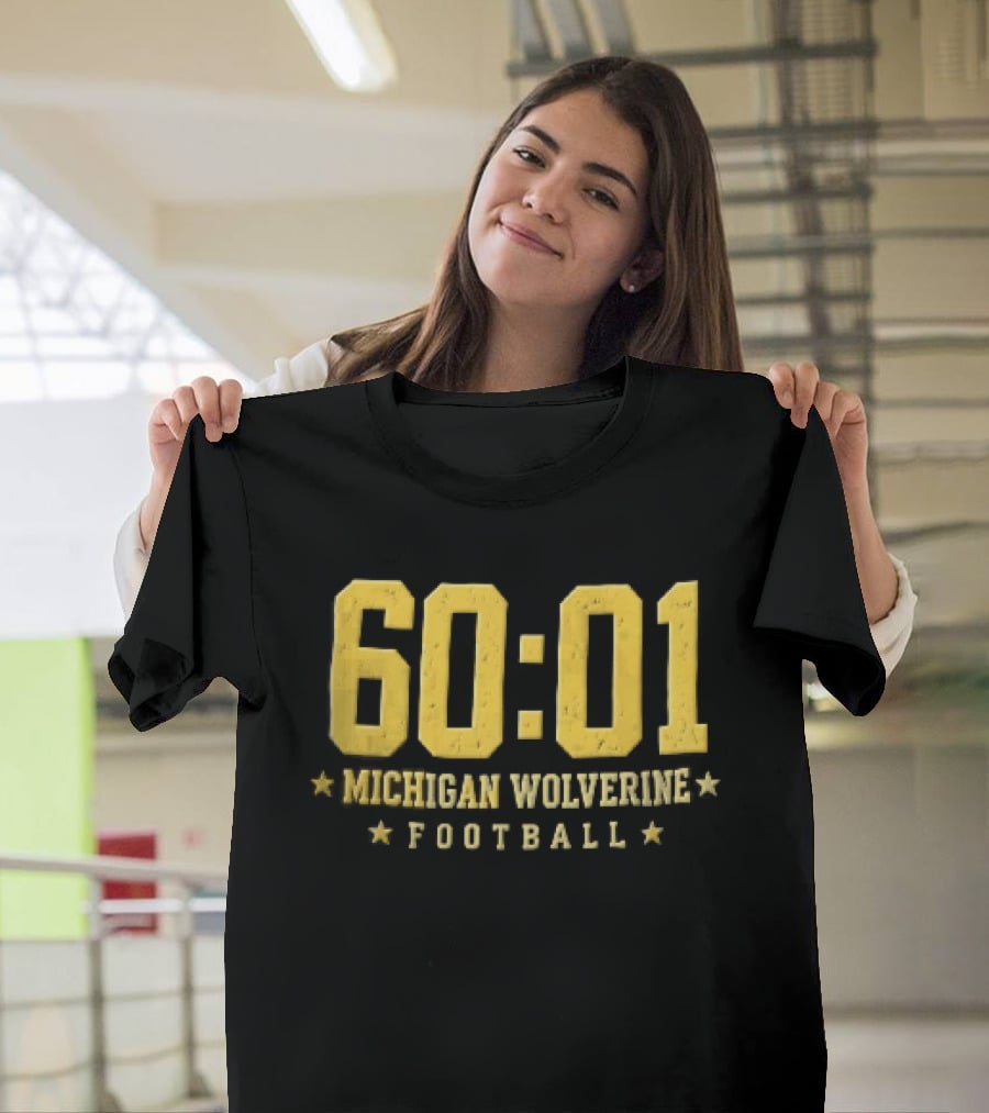 Michigan Wolverines 60:01 Distressed Yellow Football Stars T-Shirt