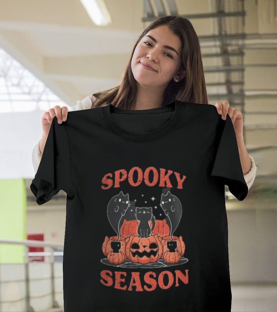 Spooky Season Black Cats Jack O Lantern Pentagram Cartoon T-Shirt