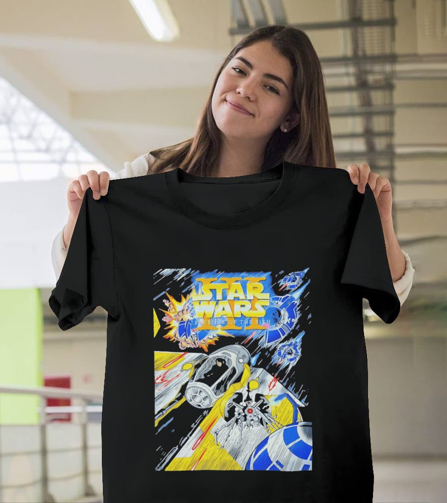 Star Wars Revenge Of The Sith Galactic Battle Artwork Featuring Anakin Skywalker And Iconic Droid Spaceships T-Shirt