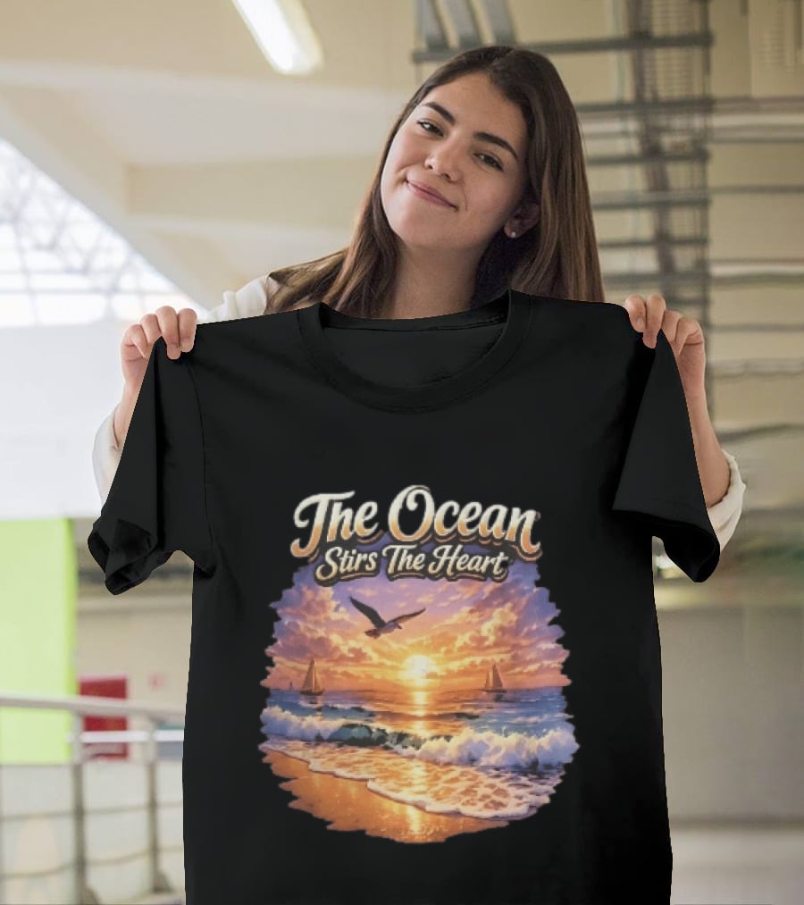 The Ocean Stirs The Heart Seagull Flying Sunset Beach Sailboats Waves T-Shirt