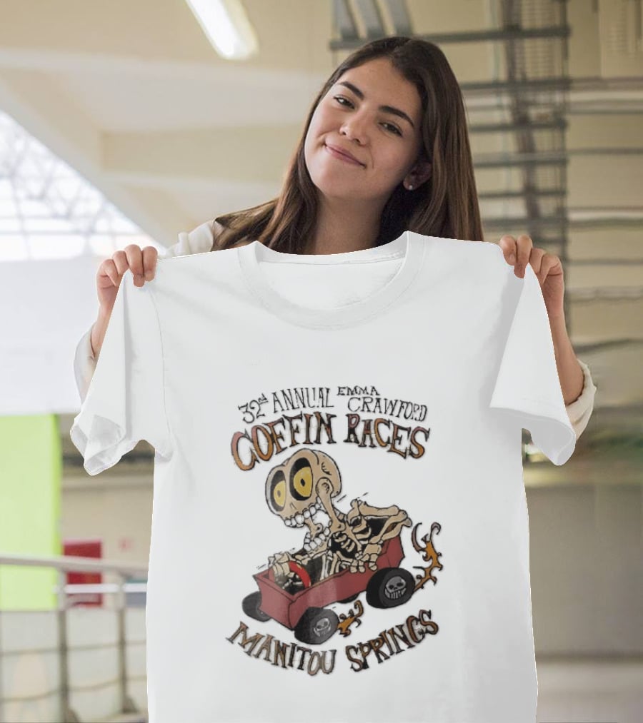 32nd Annual Emma Crawford Coffin Races Manitou Springs Cartoon Skeleton Racing Go Kart Flames T-Shirt