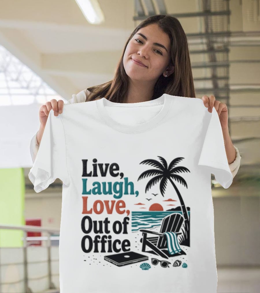 Live Laugh Love Out Of Office Beach Vacation Sunset Palm Tree Scene T-Shirt