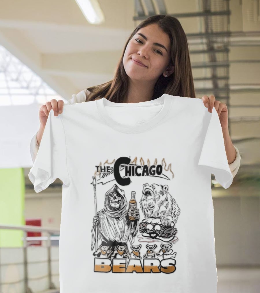 Chicago Bears Malort Grim Reaper Grizzly With Sandwich Line T-Shirt