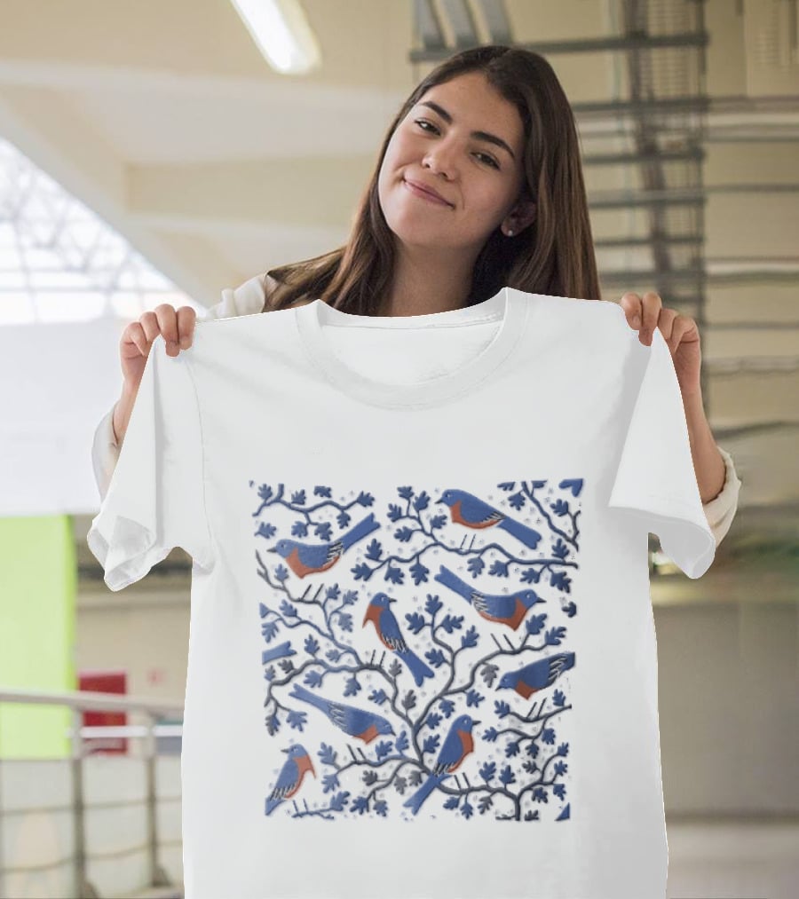 Eastern Bluebirds Perched On Flowering Tree Branches T-Shirt