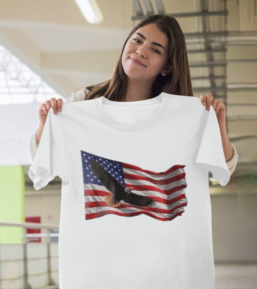Bald Eagle Soaring Over Distressed American Flag Patriotic T-Shirt