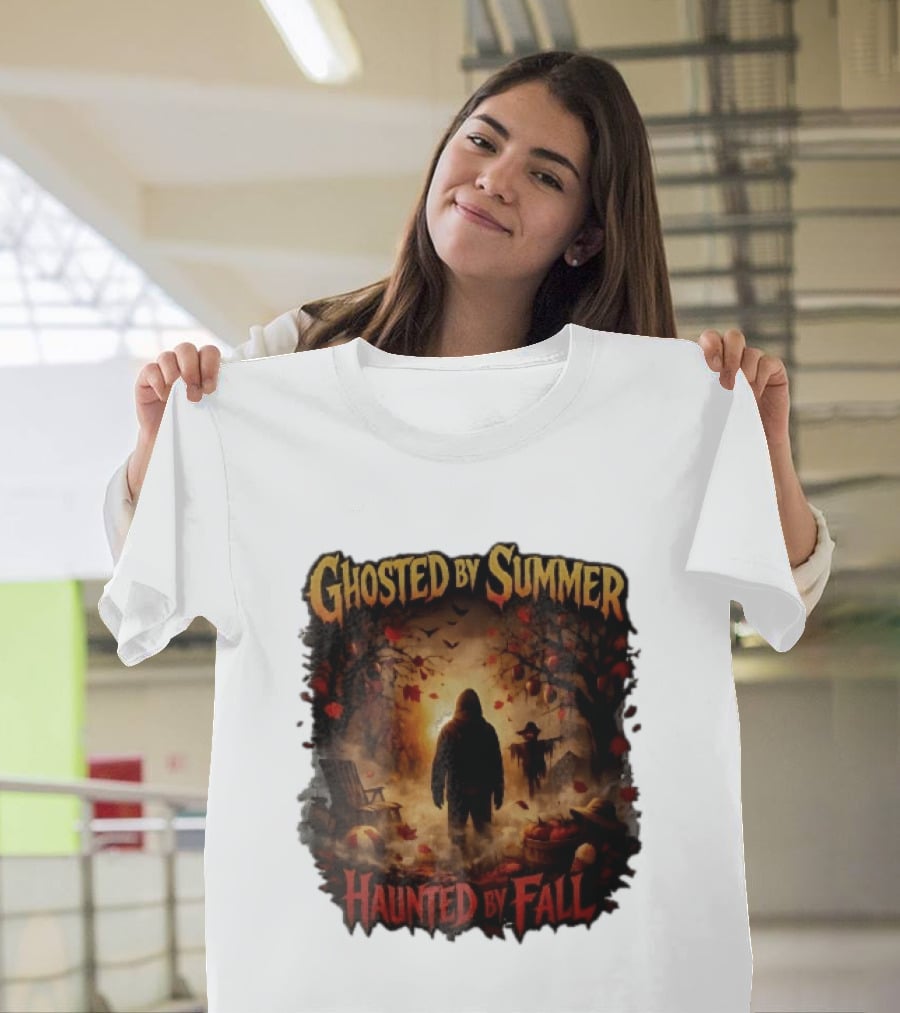 Ghosted By Summer Haunted By Fall Hooded Figure Autumn Orchard Scarecrow Pumpkins T-Shirt
