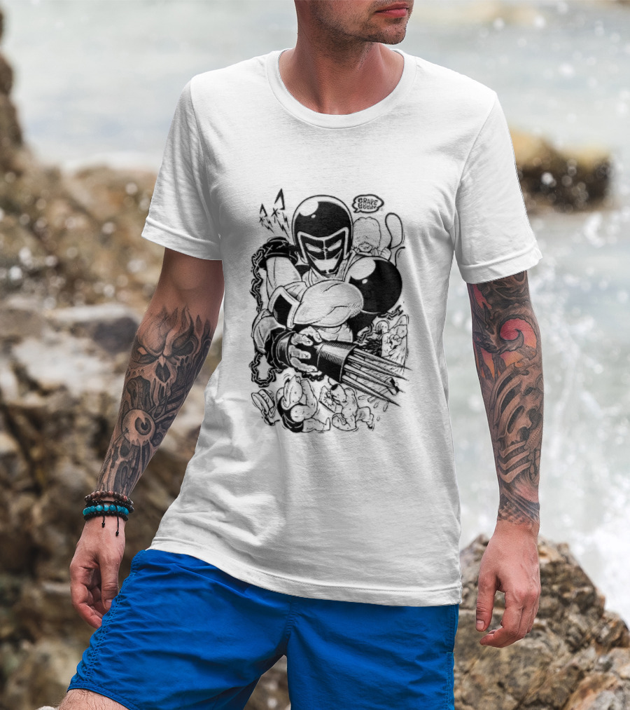 Grape Brain Masked Cyborg Wrestler Spiked Claws Chains Cartoon Line Drawing T-Shirt