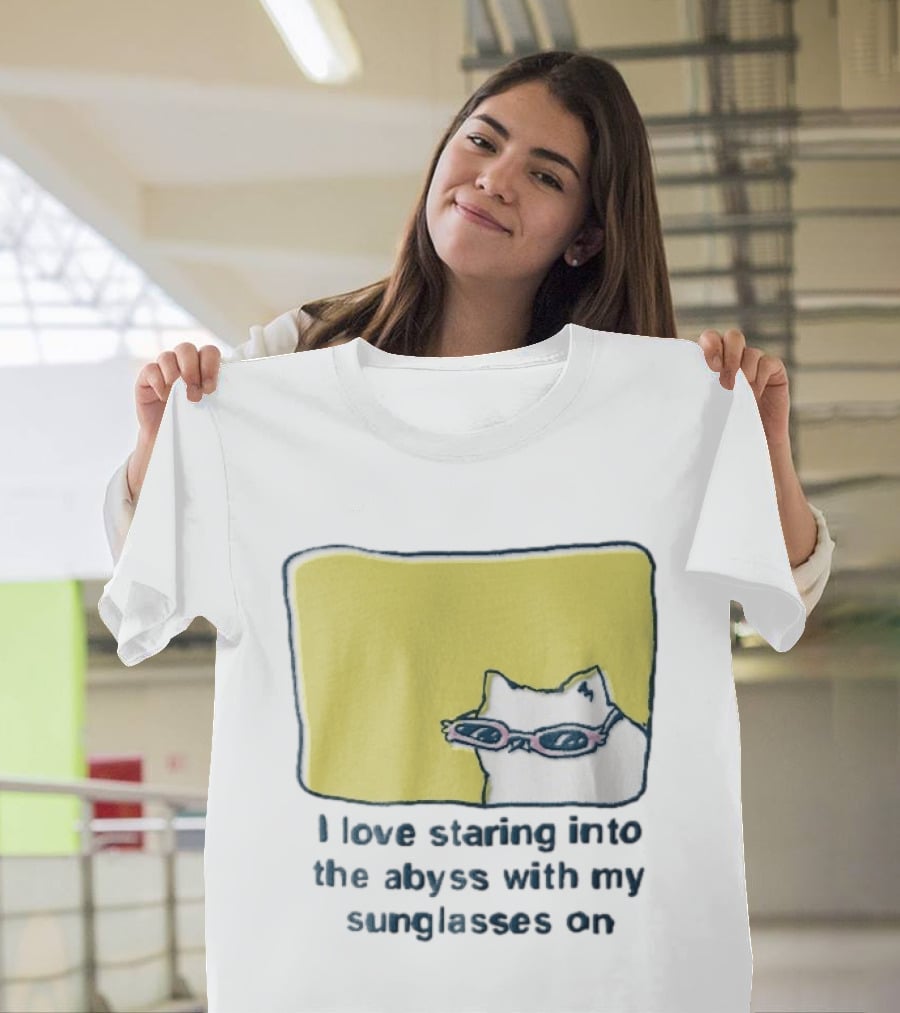 I Love Staring Into The Abyss With My Sunglasses On White Cat Pink Glasses Popcornpunk Cartoon T-Shirt