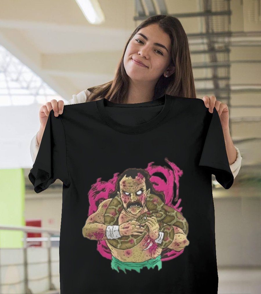 Zombie Wrestler Python Snake Pink Energy Burst Caricature T-Shirt