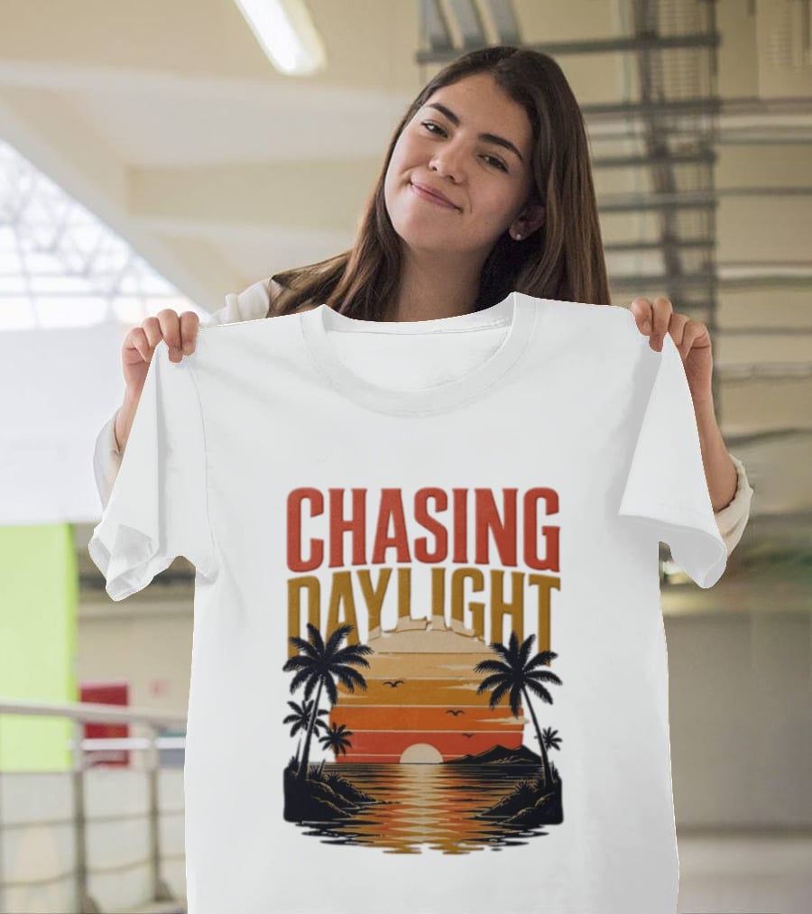 Chasing Daylight Tropical Beach Sunset Scene With Palms And Ocean Waves T-Shirt