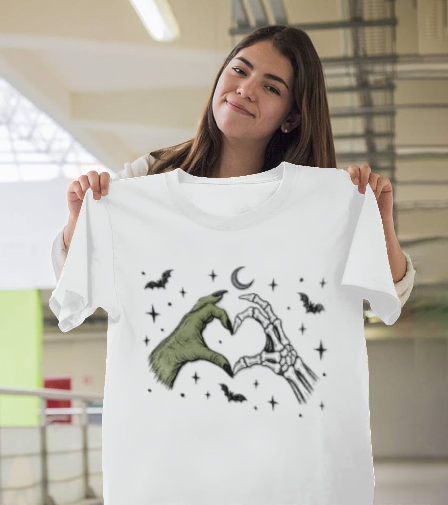 Witch Hand Skeleton Bone Heart Halloween Bats And Moon T-Shirt