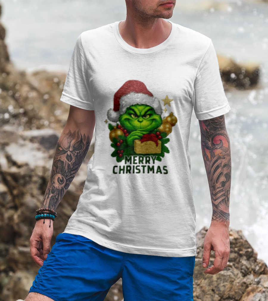 Merry Christmas Grinch Santa Claus Hat Gold Present Pine Branches T-Shirt