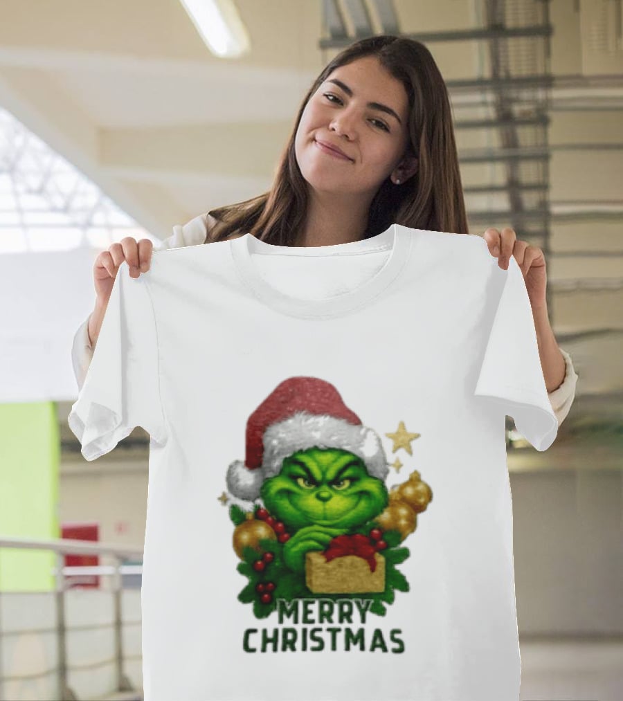 Merry Christmas Grinch Santa Claus Hat Gold Present Pine Branches T-Shirt