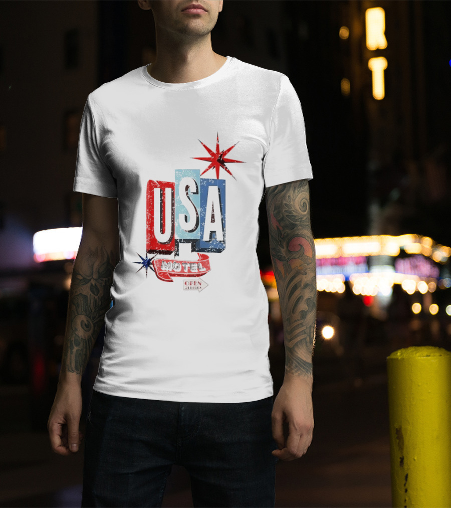 USA Motel Open 24 Hours Retro Sign With Stars T-Shirt