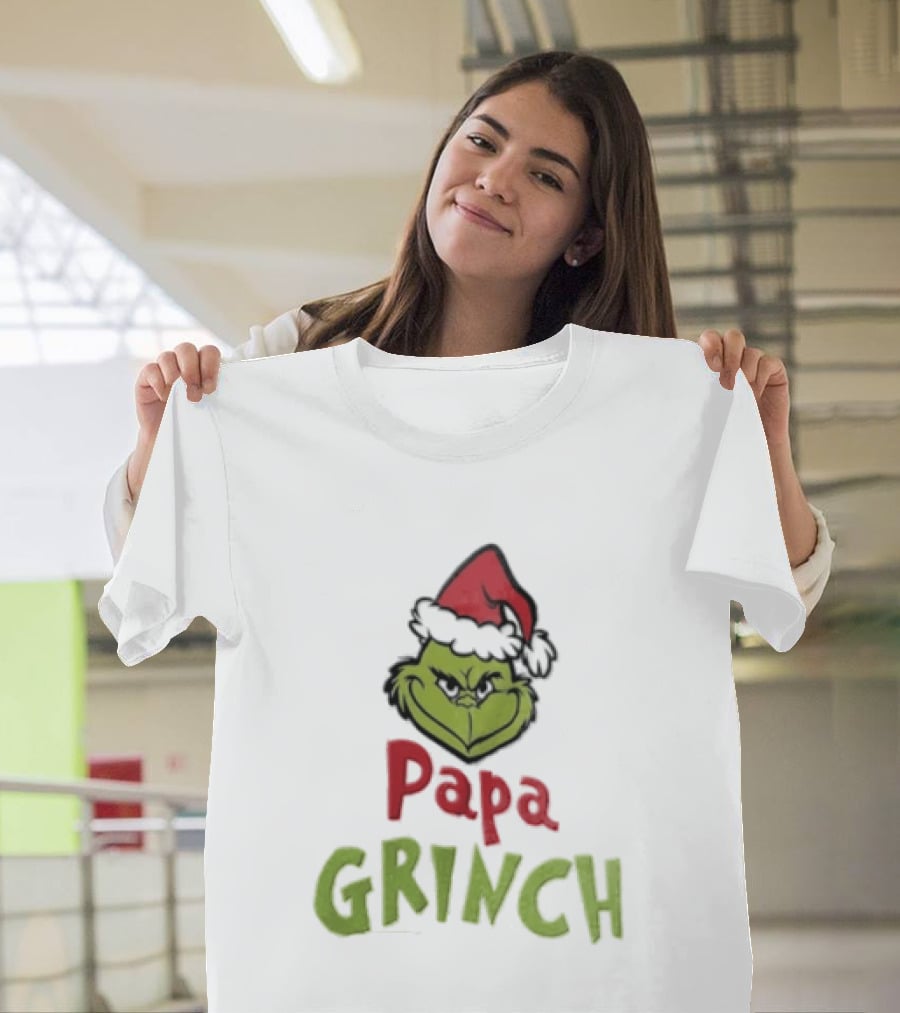 Papa Grinch Santa Claus Hat Green Face Cartoon T-Shirt