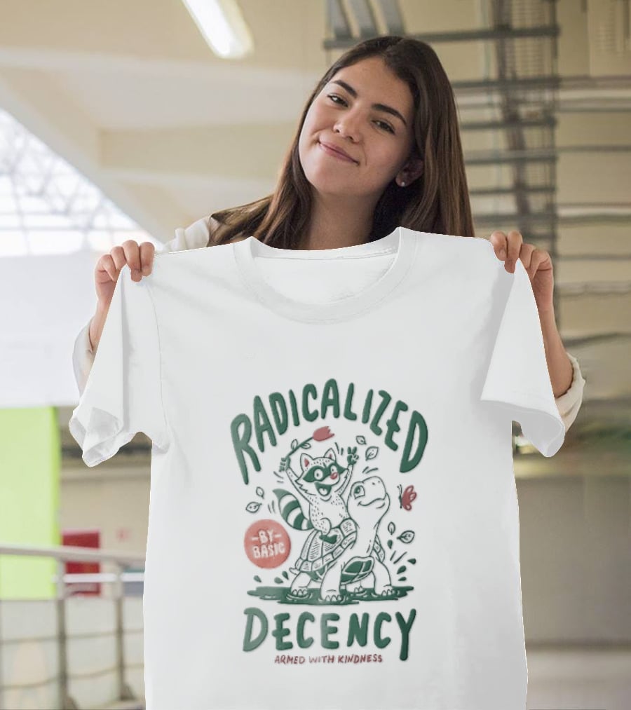 Radicalized By Basic Decency Armed With Kindness Cartoon Raccoon Turtle Flower T-Shirt