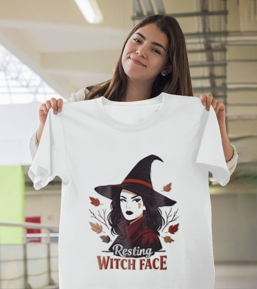 Resting Witch Face Dark Hair Woman Pointy Hat Autumn Leaves Halloween T-Shirt
