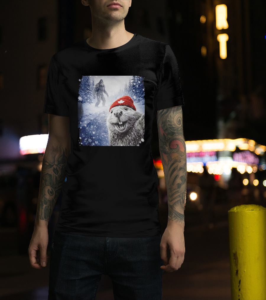 Beaver Selfie With Sasquatch In Snowy Canadian Forest T-Shirt