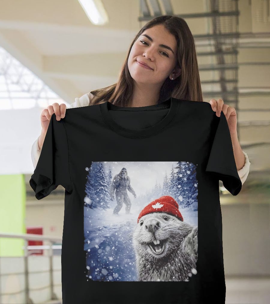 Beaver Selfie With Sasquatch In Snowy Canadian Forest T-Shirt