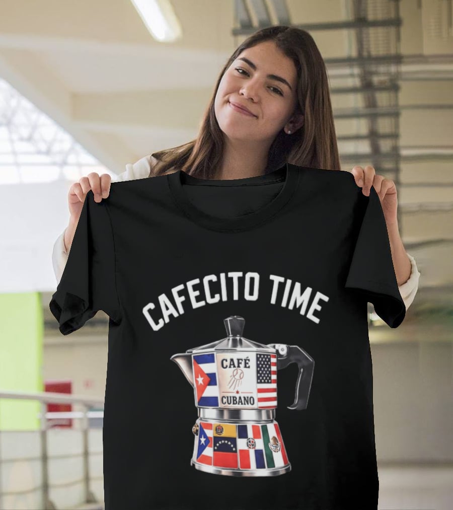 Cafecito Time Café Cubano Kike Hernandez Cuban Coffee Flag Motif T-Shirt