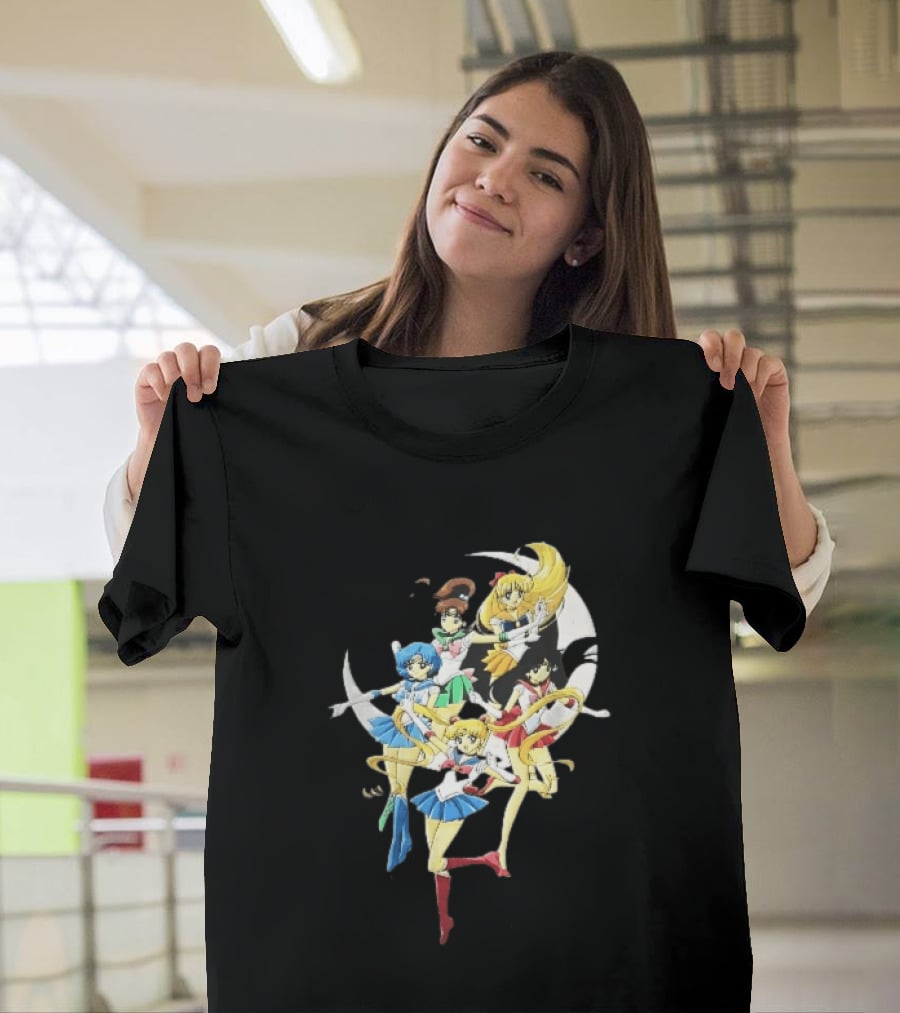 Sailor Moon Crescent Five Guardians Distressed Cartoon T-Shirt