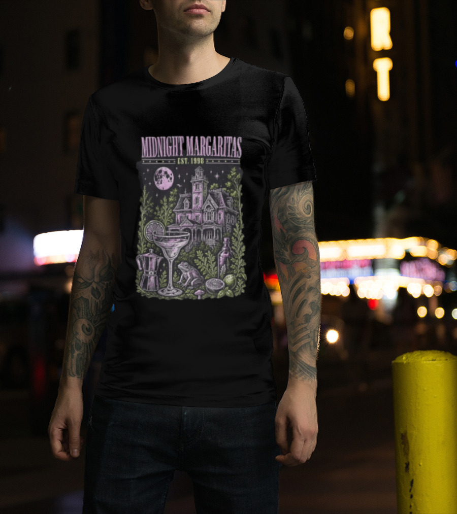 Midnight Margaritas Est 1998 Haunted Mansion Full Moon Frog Margarita Glass Lime Pestle Botanical T-Shirt