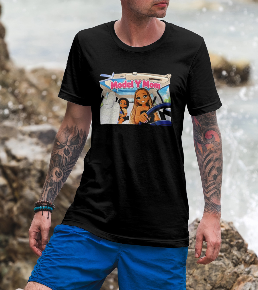 Model Y Mom Cartoon Driving Scene In Tesla T-Shirt