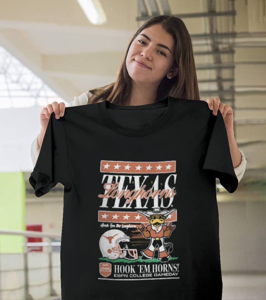 Texas Longhorns Hook Em Horns ESPN College Gameday Football Helmet Cartoon T-Shirt