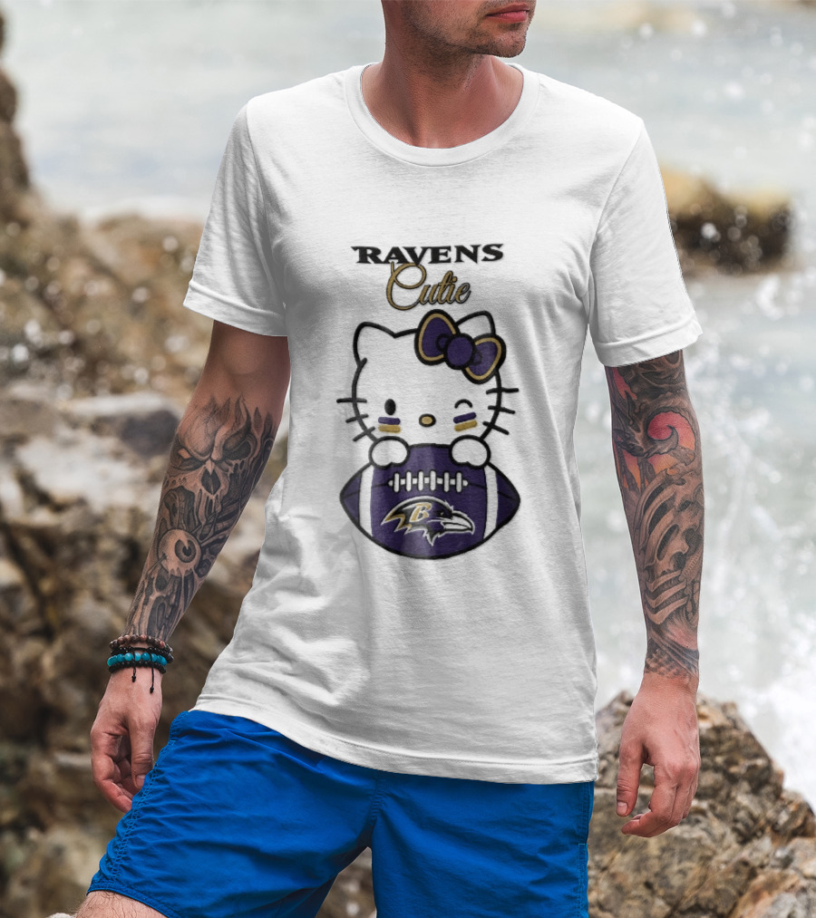 Ravens Cutie Hello Kitty Winking Holding Football T-Shirt