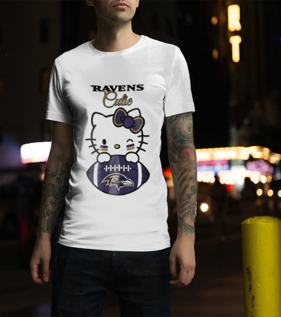 Ravens Cutie Hello Kitty Winking Holding Football T-Shirt