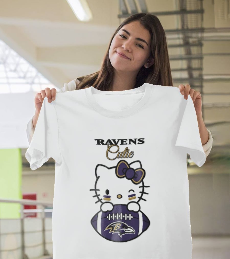 Ravens Cutie Hello Kitty Winking Holding Football T-Shirt