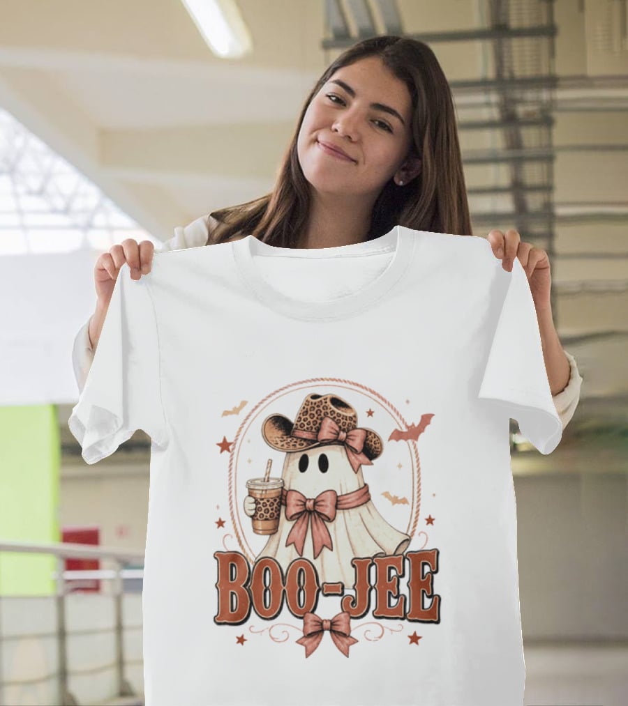 Boo Jee Leopard Cowboy Ghost Iced Coffee Halloween T-Shirt