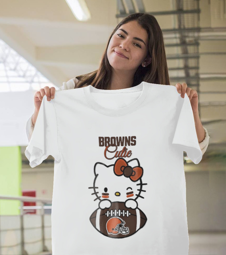 Browns Cutie Winking Cartoon Cat Bow Football T-Shirt