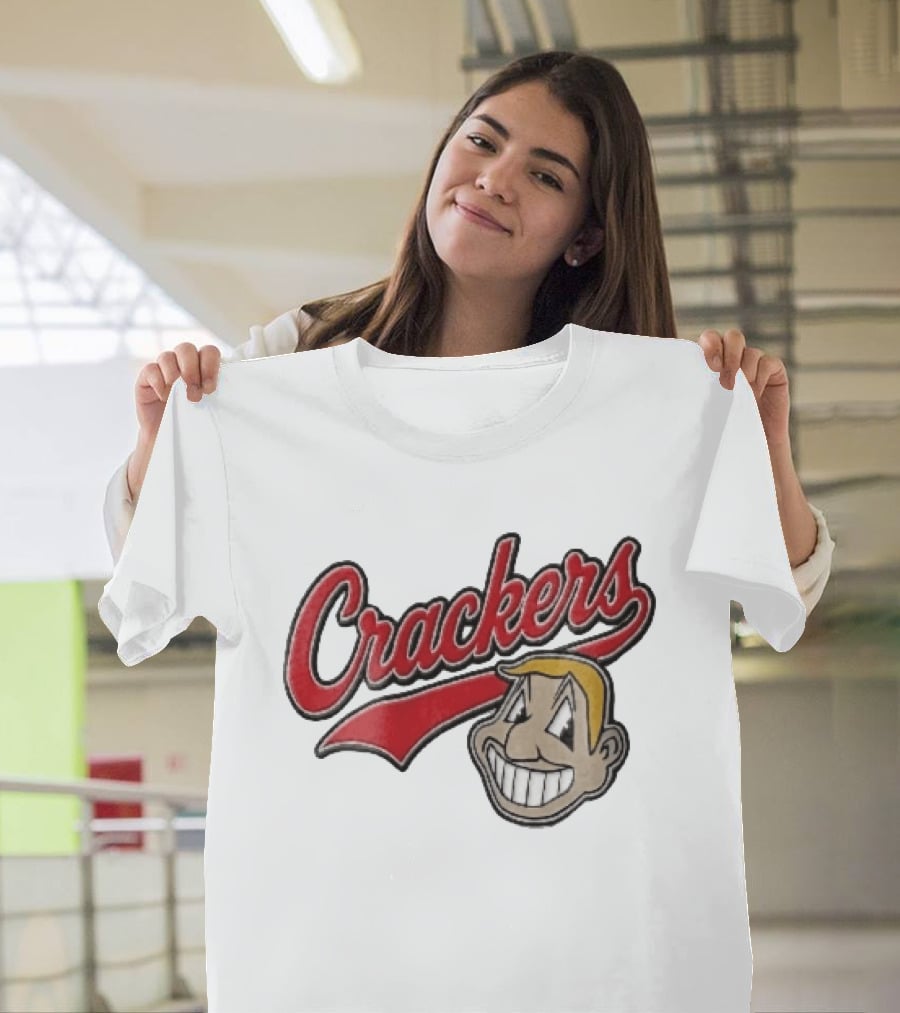 Crackers Cartoon Caricature Blonde Man Big Teeth Smile Red Script T-Shirt